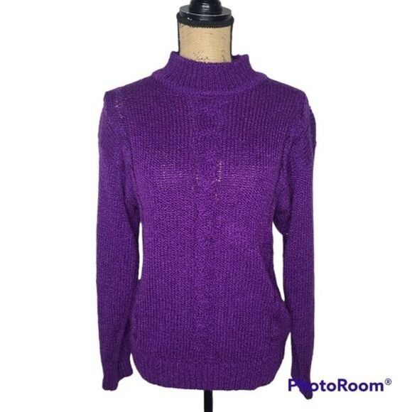 Vintage 80's Bright Purple Mock Neck Knitted Sweater - Picture 1 of 9